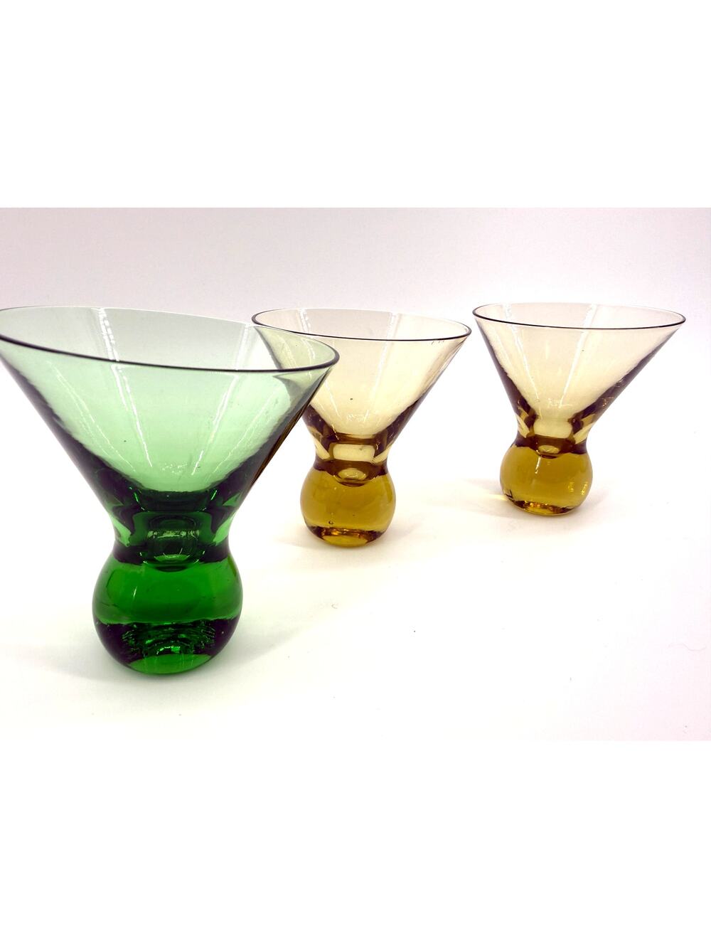 Vintage Mid Century Colored Stem Shot Glasses Green Amber Lot of 3